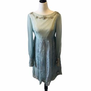 VINTAGE 50’s Silk & Lace Beaded Blue Dress Sz Sm
